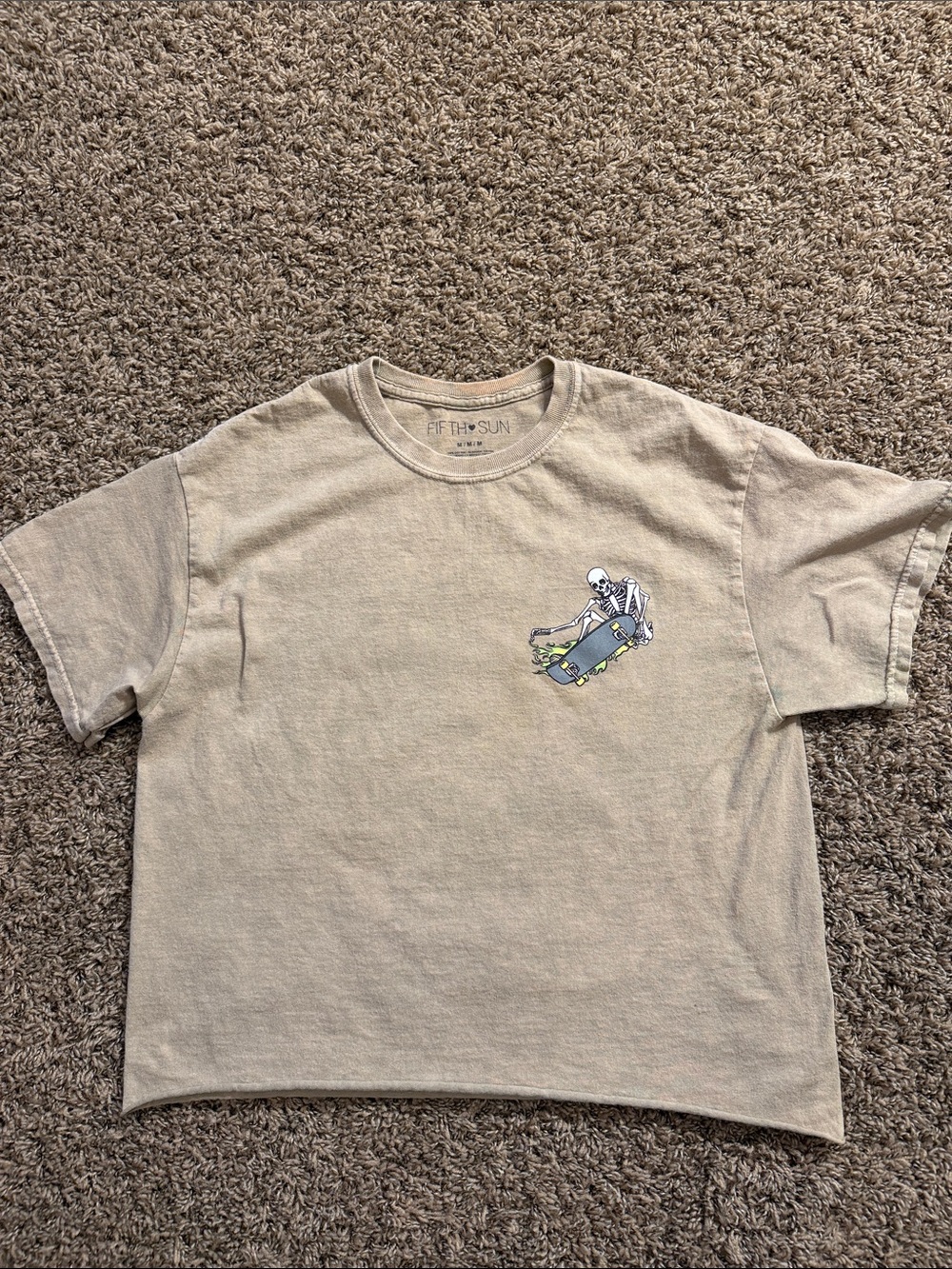Fifth Sun Tan Cropped Tee with Skate Skeleton Chest Graphic